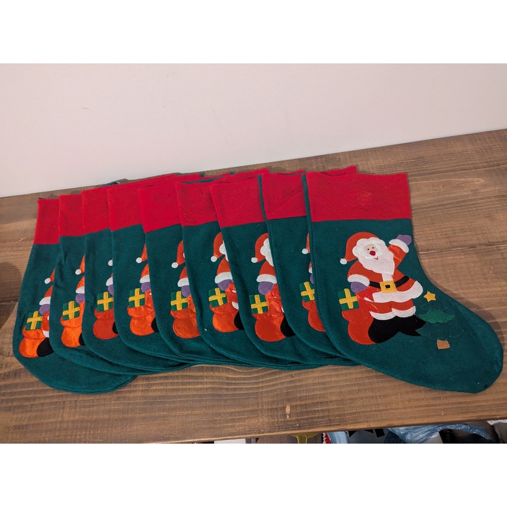 Set of 9‎ Vintage Christmas Stockings Reg Green Santa 17x8"